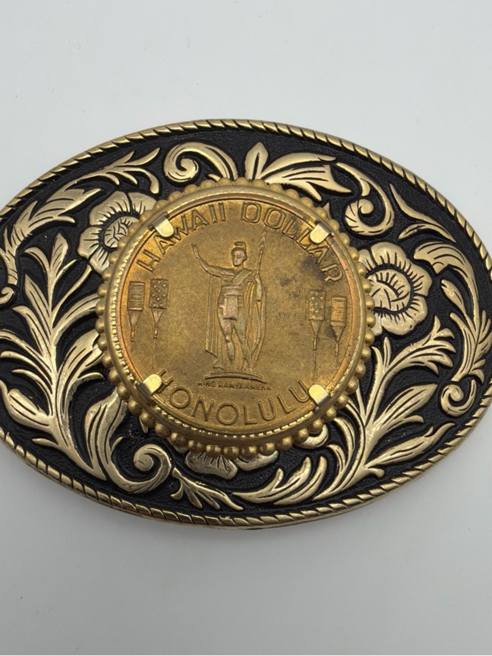 Antique Gold-Tone Hawaiian Coin Belt Buckle